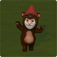 Osignomo vestido de oso marrón con gorro rojo en forma de cucurucho y postura de oso en pie.