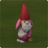 Un gnomo conejo un traje rosa y un sombrero rojo en forma de cucurucho, que lleva una cesta de mimbre.