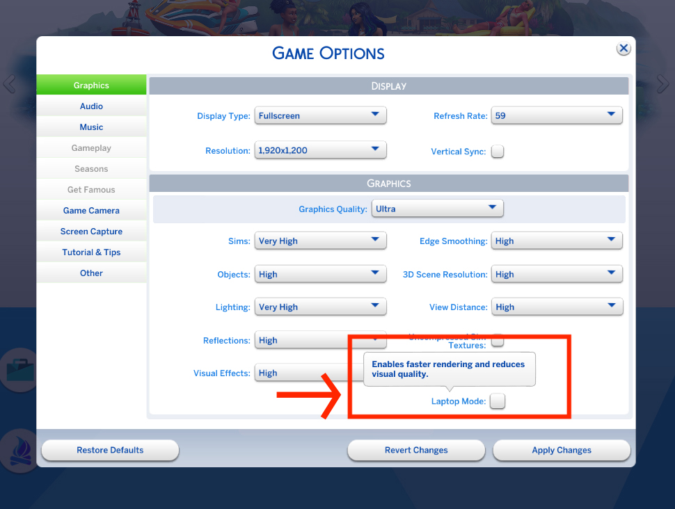 Screenshot voor laptopmodus in De Sims 4