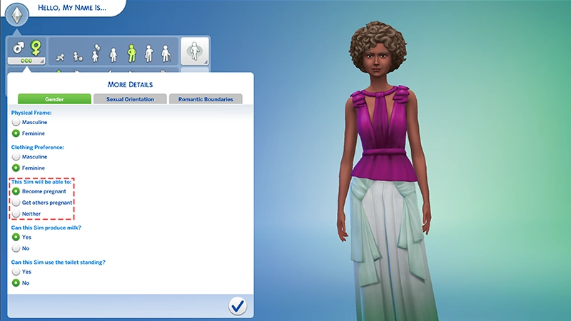 Una linea tratteggiata corallina circonda le opzioni della gravidanza in "Crea un Sim" di The Sims 4. Le opzioni mostrano che è possibile selezionare tra Entra in gravidanza, Ingravida altri e Nessuno dei due.