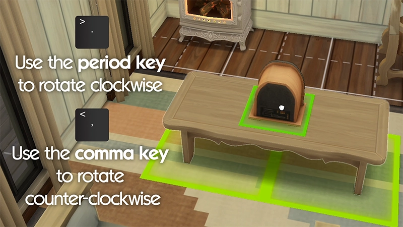 In-game view of a speaker on a coffee table highlighted in green. Instructions show to use the period key to rotate the speaker clockwise and the comma key to rotate it counter-clockwise.