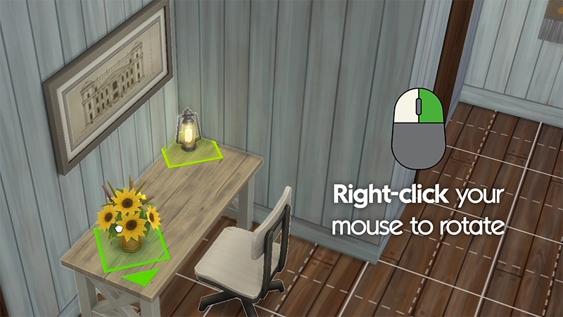 In-game view of a desk with a lamp and sunflowers highlighted in green. A graphic of a mouse instructs to right-click to rotate the objects.