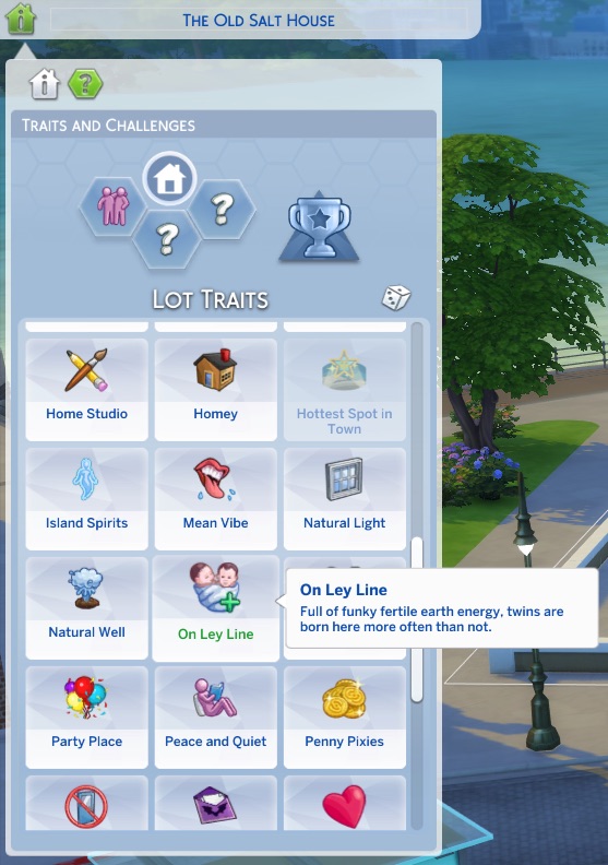 A close-up look at the Lot Traits menu. The 'On Ley Line' lot trait is highlighted revealing the description 'Full of funky and fertile earth energy, twins are born here more often than not.