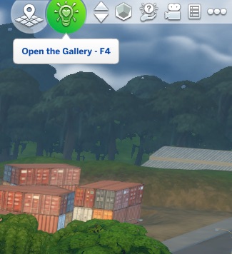 The Sims 4 Gallery icon is highlighted green to show players where to find it in-game. It is represented by a flashing lightbulb with a heart inside.