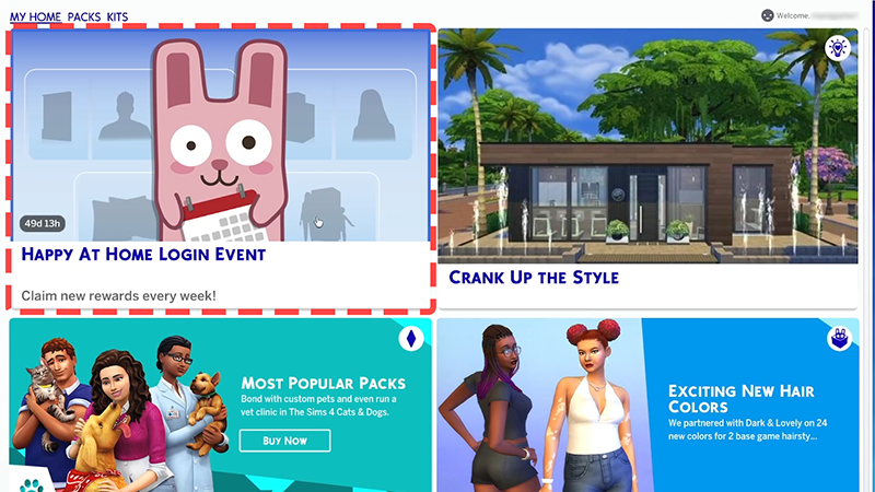 A coral dashed box surrounds the Login Event tile in The Sims 4 main menu.