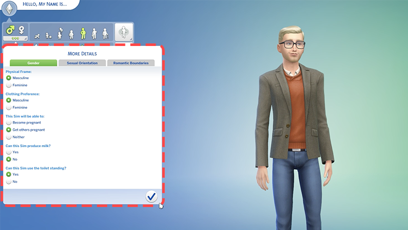 Gender tab options in The Sims 4. It displays physical frame, clothing preference, pregnancy options, milk production options, and if they use the toilet standing.