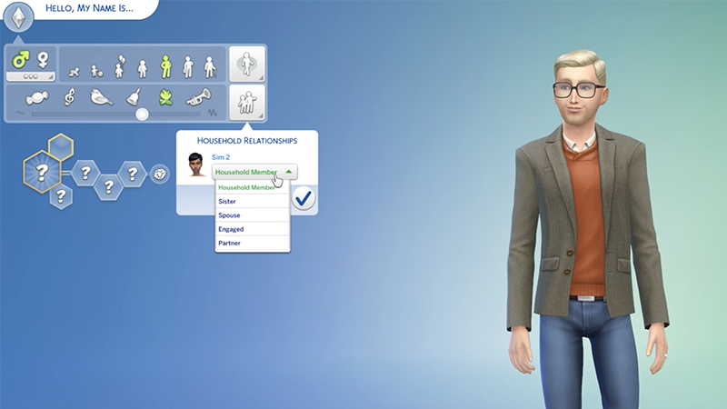 Household relationships setting in The Sims 4 Create a Sim.. It displays if they are a household member, sibling, spouse, engaged, or partner.