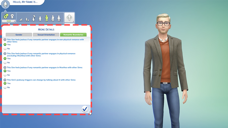 Romantic boundaries tab in The Sims 4. It includes how jealous they get of physical romance, non-physical romance, and WooHoo/Mess Around with other Sims.