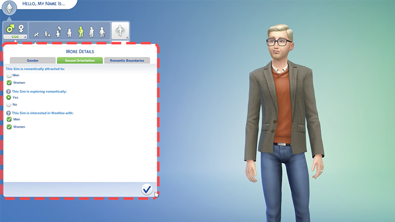 Sexual orientation tab options in The Sims 4. It includes who they are romantically attracted to, if they're exploring romantically, and who they will WooHoo with.