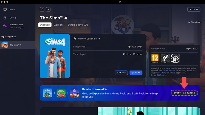 有個珊瑚色箭頭會指向 EA app 中《The Sims 4》概覽畫面上的「自訂同捆包」按鈕。