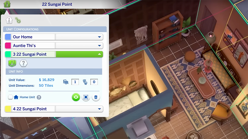 The Unit Configurations for the 22 Sungai Point property in The Sims 4.