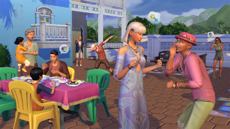 Ein Community-Event im Innenhof eines Mietwohnhauses in Die Sims 4.