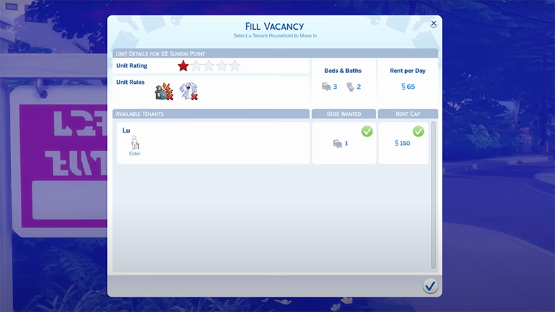 The Fill Vacancy form with a one star Unit Rating in The Sims 4.