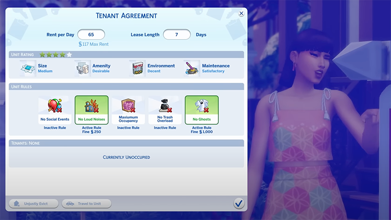 The Tenant Agreement in The Sims 4 outlining the rent price at 65 Simoleons per day and a Lease Length of 7 days.