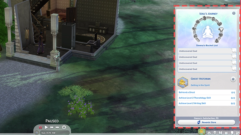 A dashed coral line surrounds the Bucket List Panel in The Sims 4. The panel can be found by selecting the Aspirations Panel in the bottom right of Live Mode.