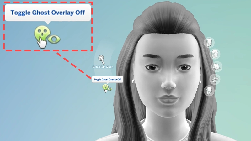 Eine gestrichelte rote Linie umrandet eine vergrößerte Version der Schaltfläche „Geist-Overlay ein-/ausschalten“ in Die Sims 4. Das Symbol zeigt einen Geist mit einem Auge daneben und befindet sich unter dem Detailbearbeitungs-Symbol in Erstelle einen Sim.