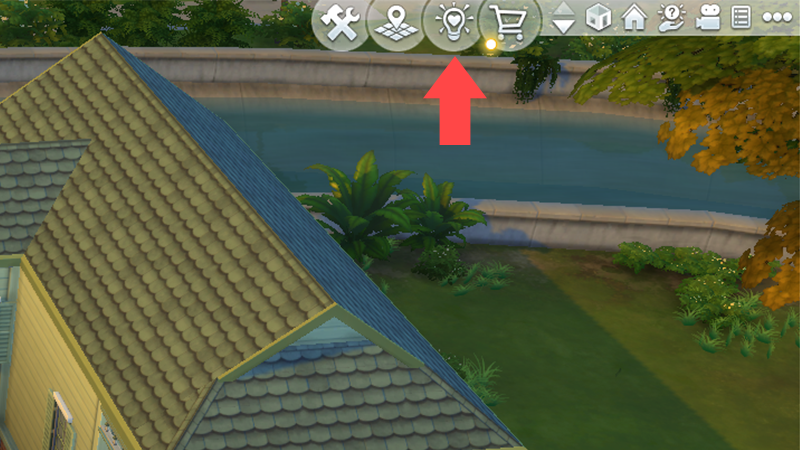  El icono de la galería de Los Sims 4 (una bombilla con un corazón en su interior) aparece resaltado en verde para mostrar dónde encontrarla en el juego.