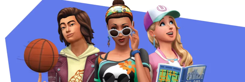 Three Sims stand next to each other. From left to right, a Sim spins a basketball, a Sim looks forward over their sunglasses, and a Sim reads a pamphlet.