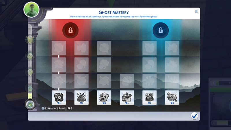 A close-up of the Ghost Mastery Panel. At the top right is an image of the Ghost Sim the panel is for, along the left edge of the panel are the five Ghost Mastery tiers, showing which level a Ghost Sim is currently at. On the left side of the panel, in red, shows progress through Evil Abilities, the middle shows Neutral Abilities, and the blue side on the right shows progress through Good Abilities.