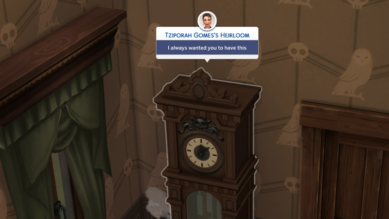 An image showing a Grandfather Clock in The Sims 4. Hovering over the clock shows that it has been designated an an Heirloom object, highlighting that it belonged to Tziporah Gomes alongside a personal note the Sim left on the Item.