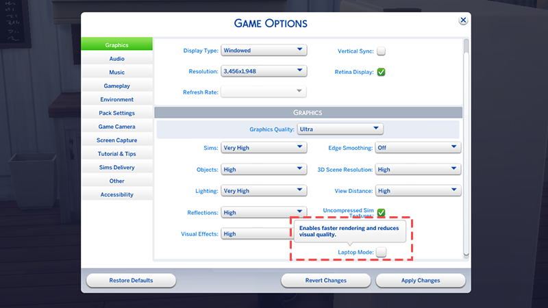 A coral dashed line surrounds the Laptop Mode checkbox in the Graphics section of the Game Options menu.