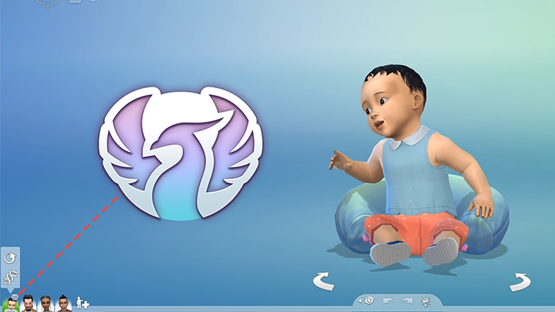 An image from The Sims 4 that shows the Rebirth Counter. A close-up of the Phoenix icon has a dashed coral line showing where to find it in Create a Sim.