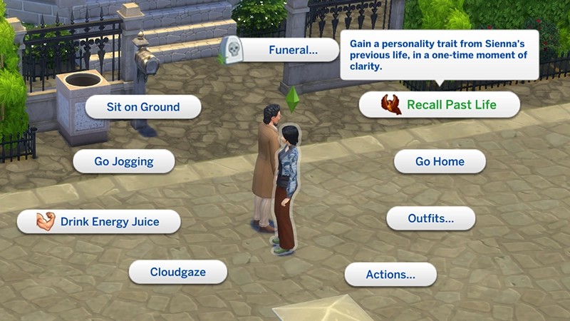 Two Sims stand in the street with the pie menu in The Sims 4 for when you self-select a Sim visible. The Recall Past Life interaction is highlighted with the description, 'Gain a personality trait from Sienna's previous life, in a one-time moment of clarity.