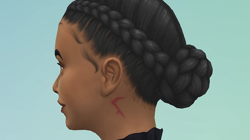 A close-up of the back of a Sim's head in The Sims 4. Underneath the Sim's left ear is a red birthmark in the shape of a scythe.