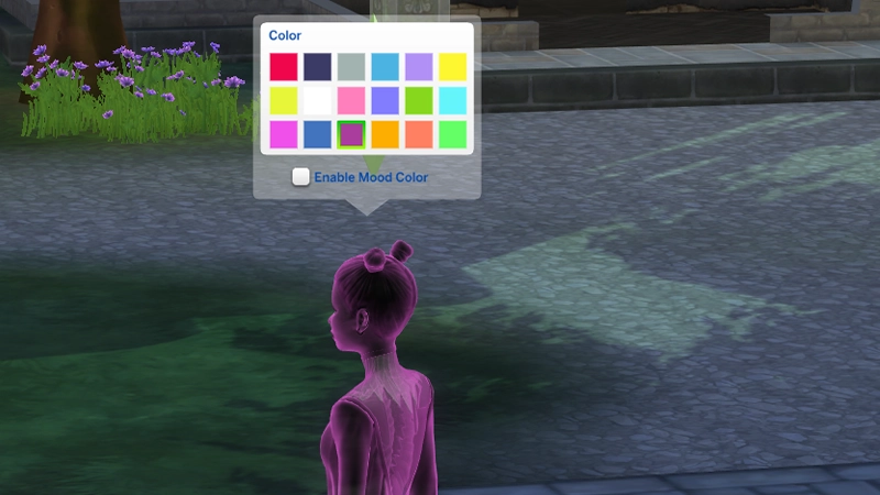 Une Sim fantôme mauve avec le menu Définir la couleur du fantôme ouvert au-dessus de sa tête. Choisissez parmi 12 options de couleur différentes pour votre Sim fantôme ou sélectionnez la case Couleur selon l'humeur pour que votre Sim fantôme change de couleur au cours du jeu.