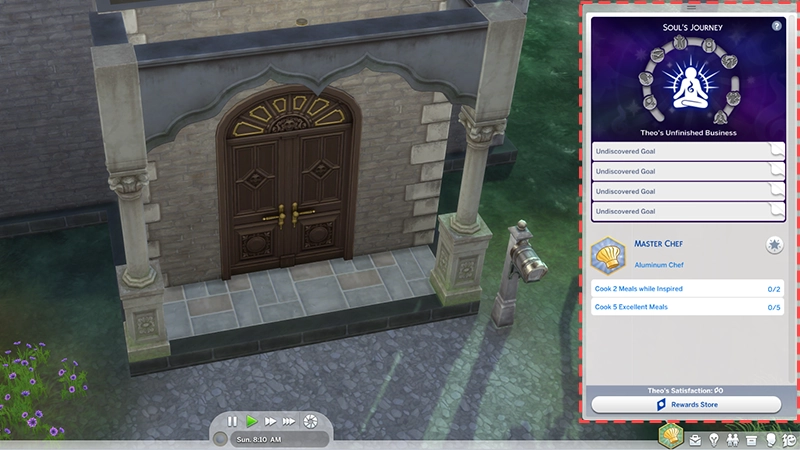 A dashed coral line surrounds the Soul's Journey Panel highlighting where to find it in The Sims 4. The panel can be found by selecting the Aspirations Panel in the bottom right of Live Mode.