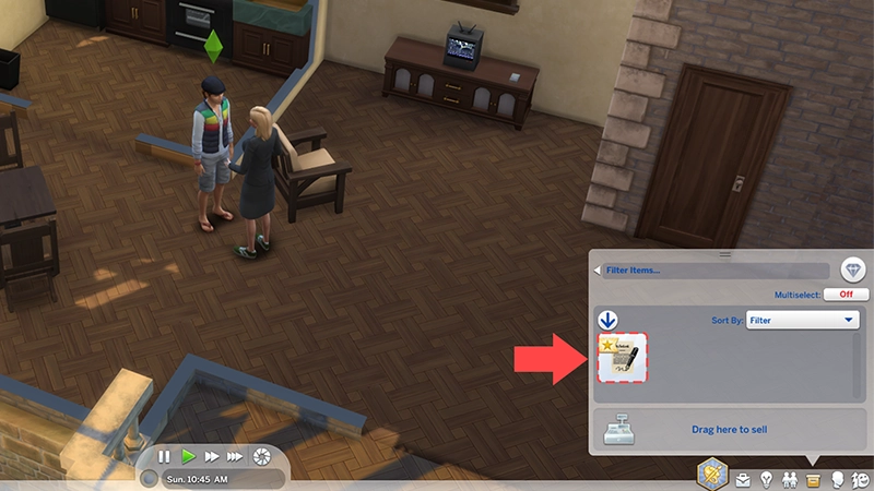 A coral dashed line surrounds the Will Object located in a Sim's Personal Inventory in The Sims 4. A coral arrow also points at the Object.