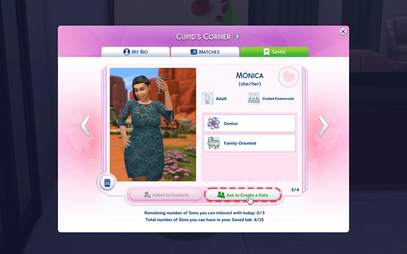 Cupid's Corner in The Sims 4 Lovestruck Expansion Pack showing saved matches of already liked Sims that your Sim can add to contacts or invite on a date. The mouse is hovering over 