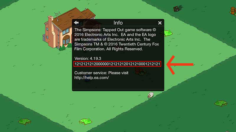 Capture d’écran de la fenêtre d’infos comportant l’ID Mayhem dans le jeu Les Simpson Springfield.