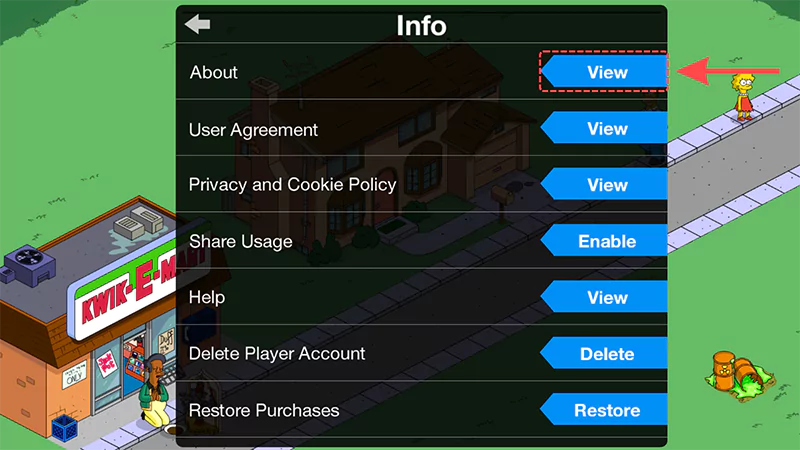 A coral dotted line and arrow surrounding the View button in the settings tab of The Simpsons Tapped Out.
