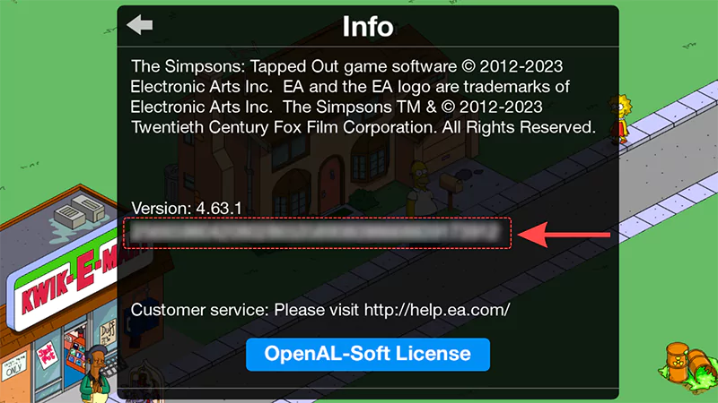 Die verschwommene Konto-ID in den Einstellungen von Die Simpsons Springfield, durch einen rotgelben Pfeil und eine gepunktete Umrandung gekennzeichnet.