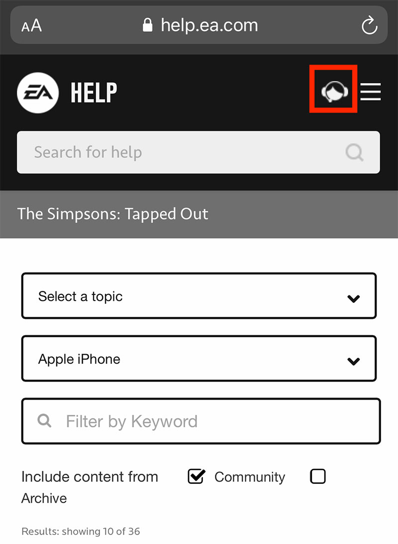 EA help mobile contact us button in the top right corner