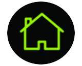 A bright green outline of a home, representing the Home button.