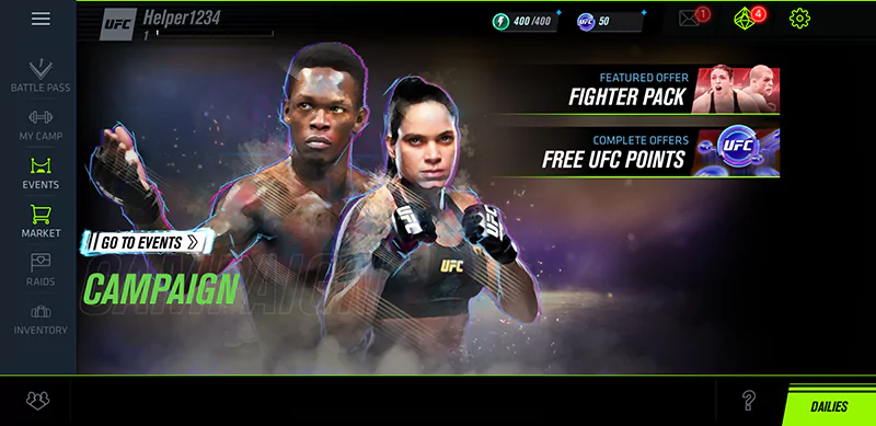 Der Startbildschirm von UFC Mobile 2.