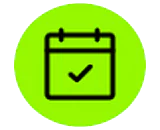 A bright green icon with a black outline of a calendar, representing the Objectives button.