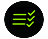 A black icon with three green lines and checkmarks, representing the Quest button.