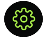 A bright green outline of a cogwheel, representing the Settings button.