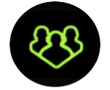 A bright green outline of three people, representing the Social Hub button.