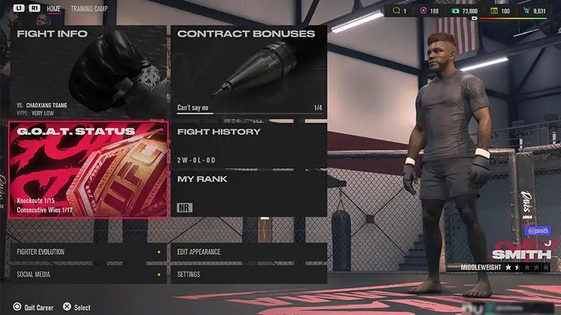 An image of the main menu in Career Mode highlighting where to find your Fighter's G.O.A.T Status.