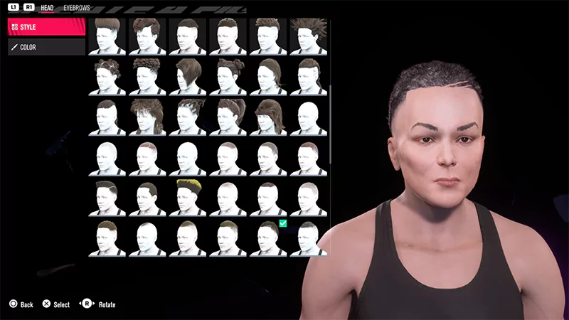 The hair style customization options for our UFC 5 fighter.